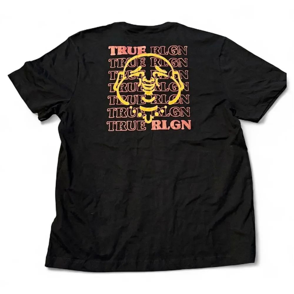 NWT True Religion Repeat TR Buddha Short Sleeved Tee Black Orange Size 2XL